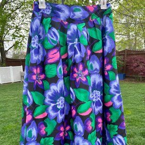 Bright Floral Purple Pink and Green Midi Skirt - Large